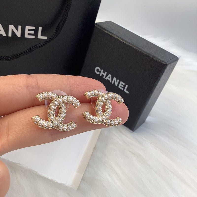 Chanel Full Pearl Double C Stud Earrings