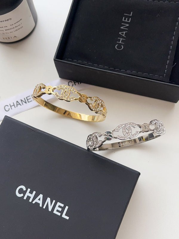 Chanel Hollow Crystal Linked CC Two-Tone Bangle - Image 6