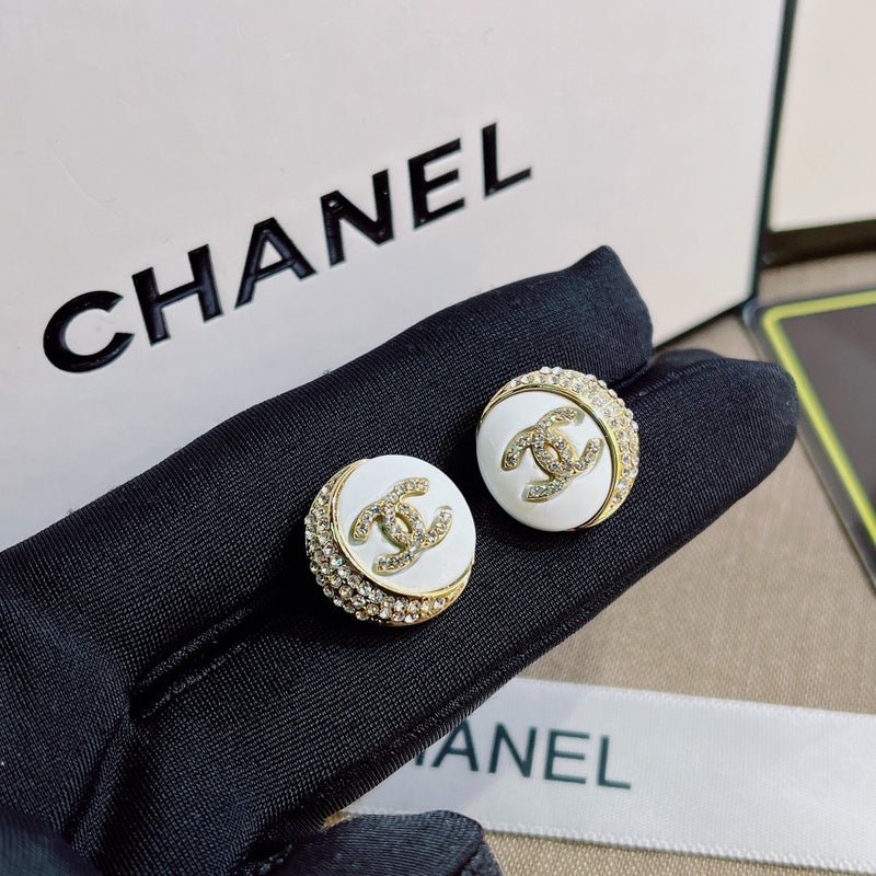 Chanel White Round Rhinestone Border Earrings