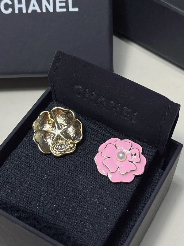 Chanel Pink Enamel Camellia Pearl Stud Earrings - Image 3