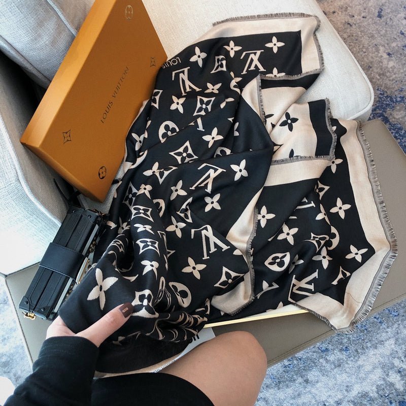 Alternative view of  LV Beige Black Classic Monogram Fringed Shawl