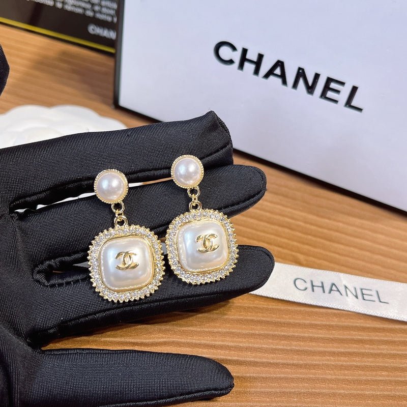 CHANEL Pearl Square Crystal Border Drop Earrings