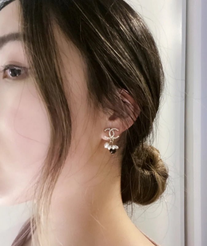 CHANEL Crystal CC Dual Bead Drop Stud Earrings - Image 9