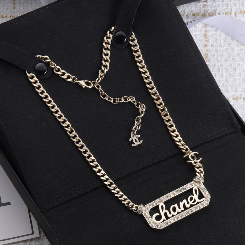Chanel Crystal Logo Plaque Cuban Necklace