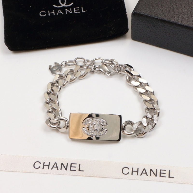 Alternative view of CHANEL Thick Curb Chain Multi-Tone CC Plate Bracelet