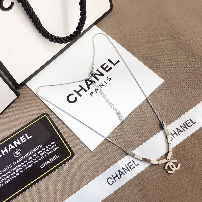 Chanel Silver Enamel Bar Double C Snake Necklace