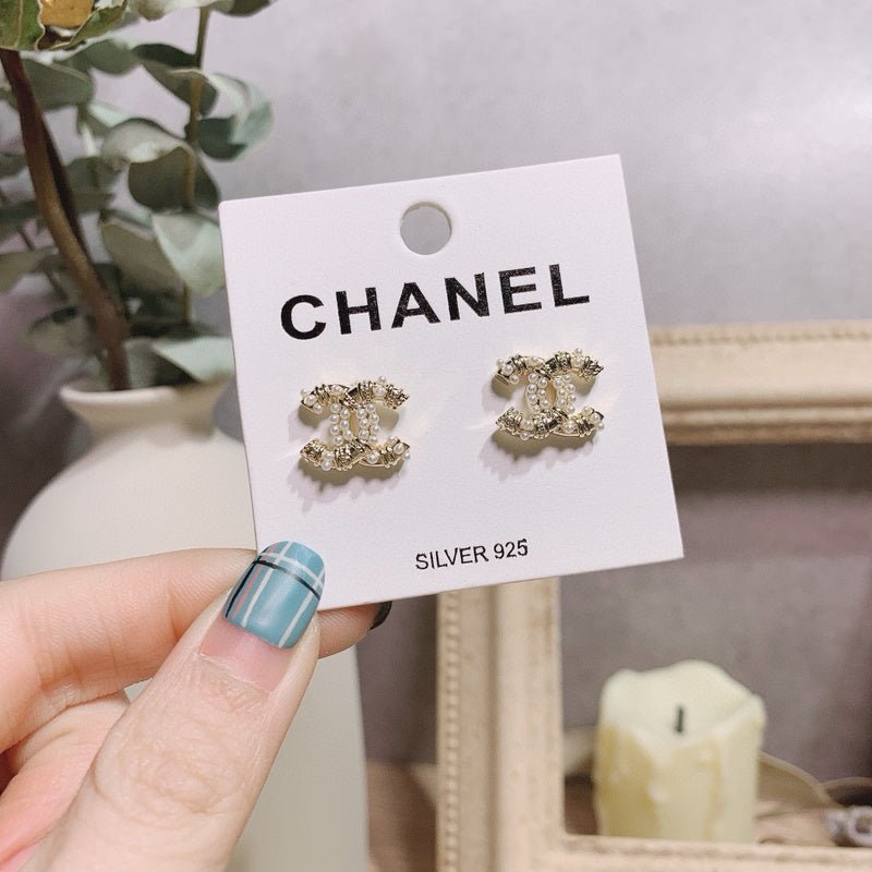CHANEL 925 Silver Paved Crystal Double C Stud Earrings