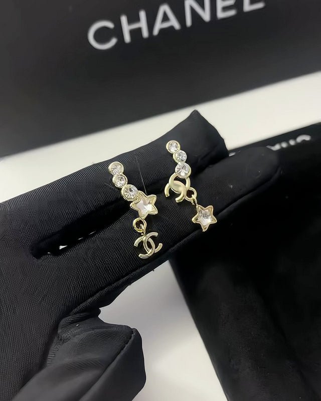 Chanel Star Rhinestone Asymmetric CC Drop Earrings - Image 4