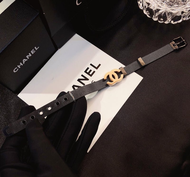 CHANEL Leather Strap Gold Double C Bracelet - Image 3