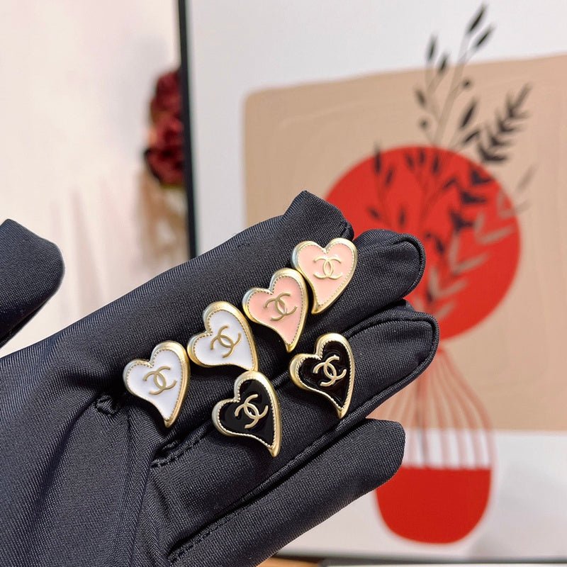 CHANEL Enamel Heart Gold Border CC Stud Earring Set