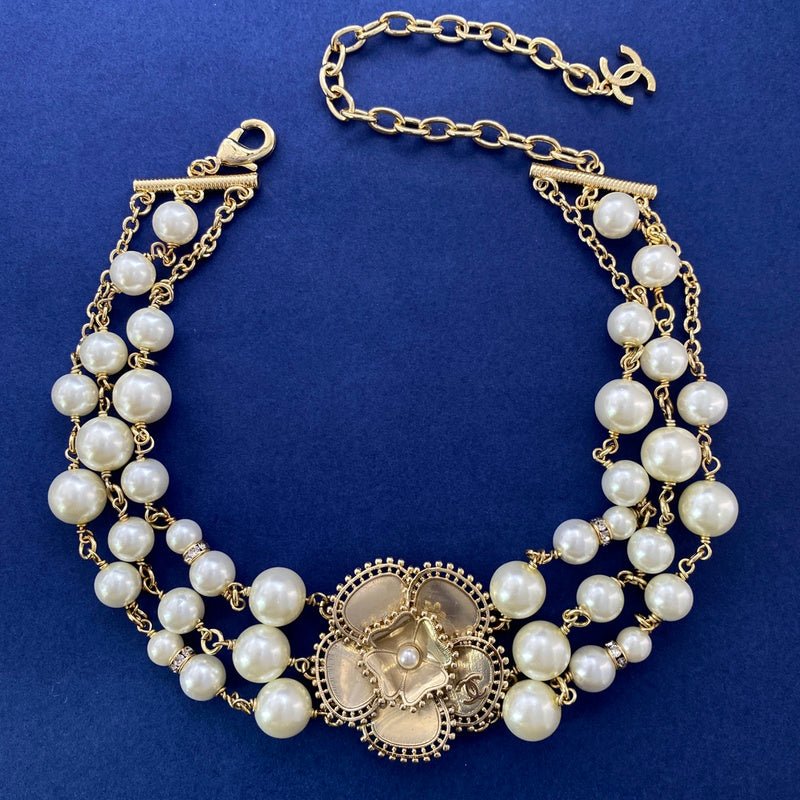 Chanel Gold Multi-strand Pearl Camellia Necklace