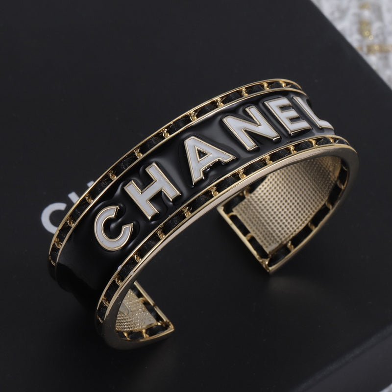 Chanel Black Base White Letter Open Bangle