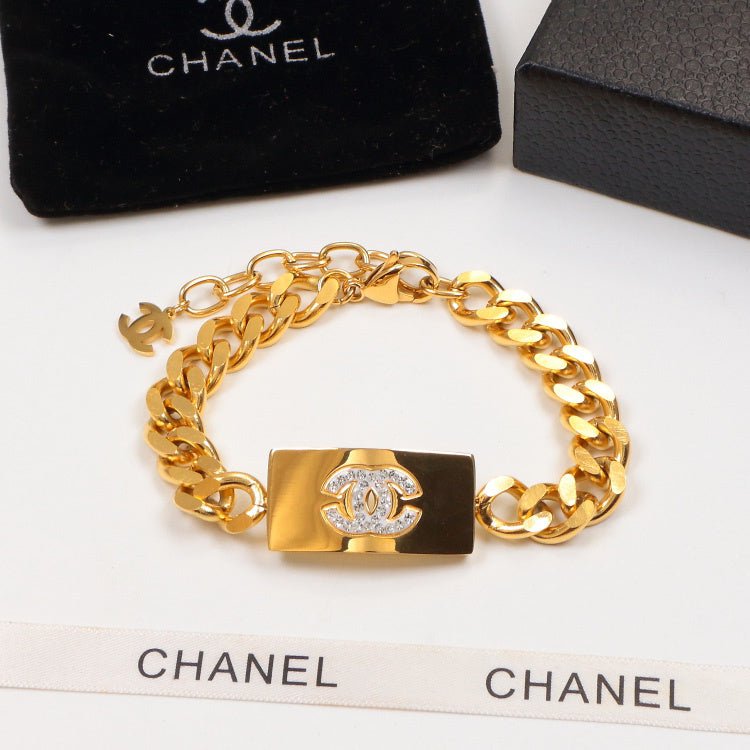 CHANEL Thick Curb Chain Multi-Tone CC Plate Bracelet - Image 5