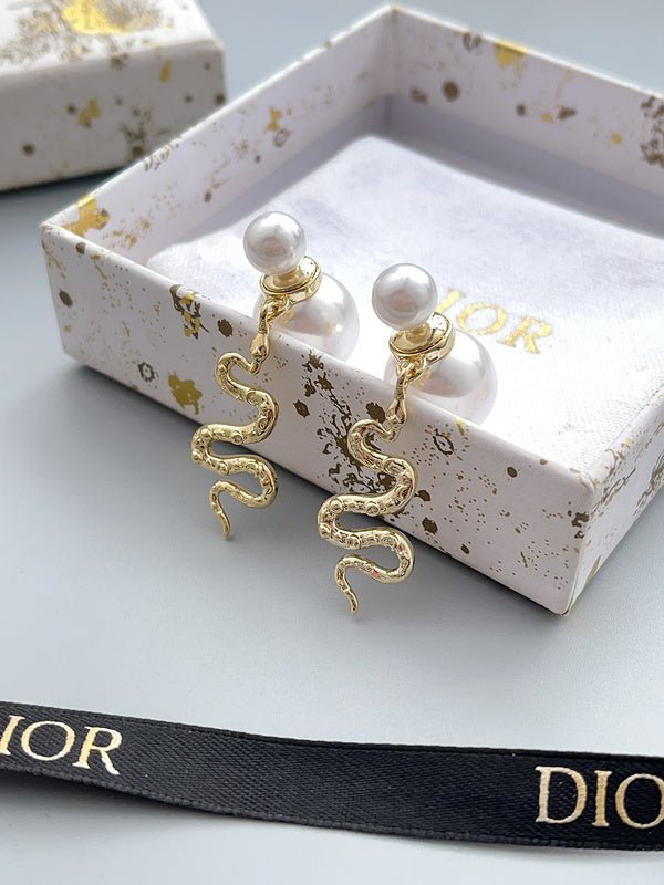 Dior Retro Golden Snake Shaped Pearl Earrings - Image 3