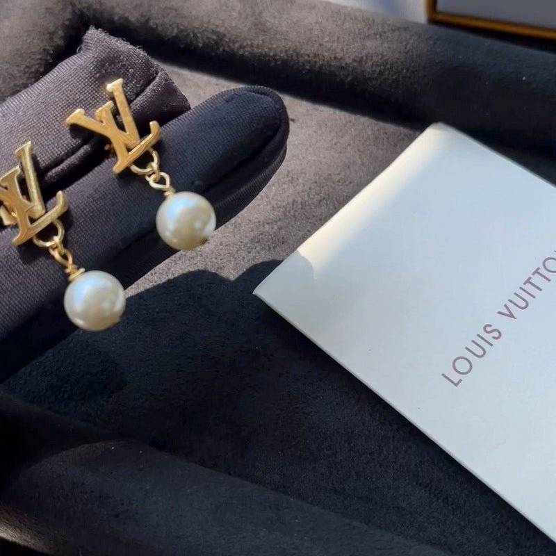LV Single Luster Pearl Hollow Gold LV Drop Studs - Image 6