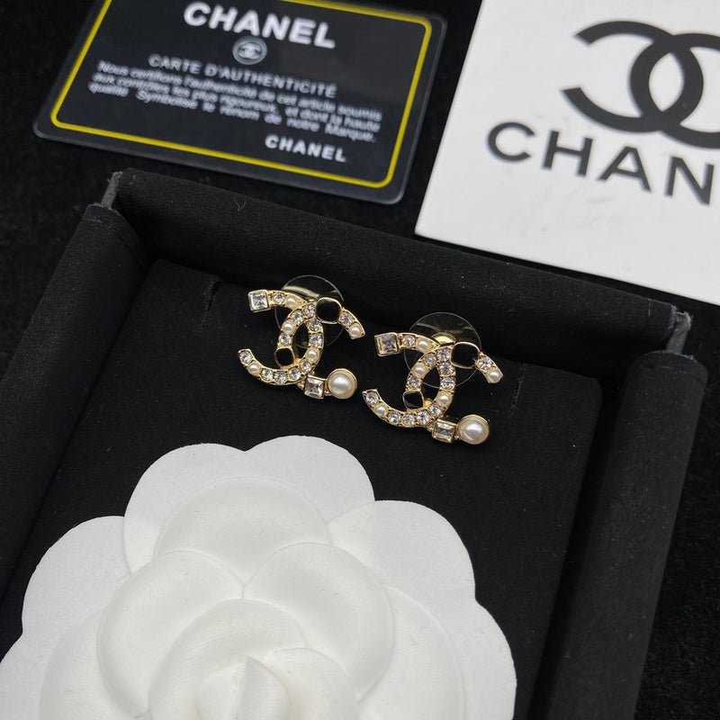 CHANEL Gold Paved Crystal CC Mini Pearl Stud Earrings