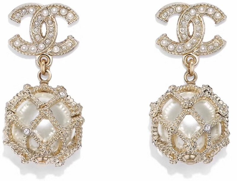 CHANEL Pearl Crystal Grid CC Ball Drop Earrings
