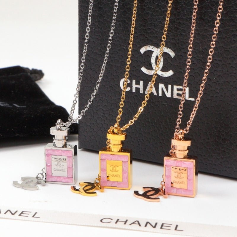Chanel Pink Perfume Bottle Three-Tone Necklace
