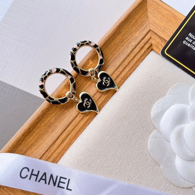 CHANEL Leopard Enamel Hoop Heart CC Drop Earrings