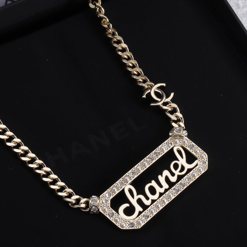 Alternative view of Chanel Crystal Logo Plaque Cuban Necklace