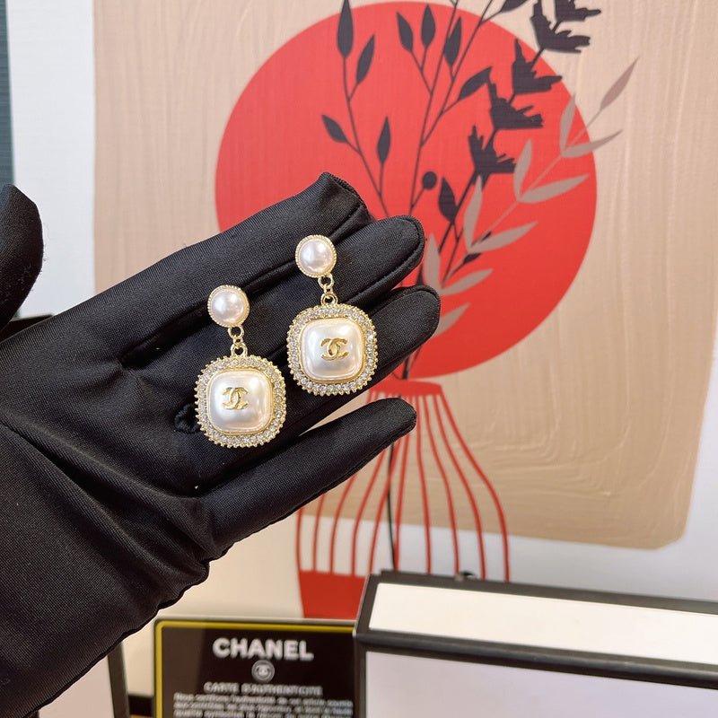 Chanel Pearl Square Crystal Border Drop Earrings - Image 5