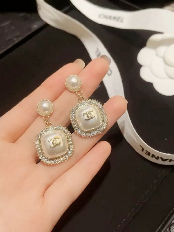 Chanel Pearl Square Crystal Border Drop Earrings - Image 10