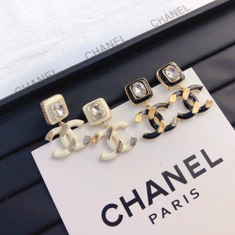 Chanel Square Crystal Top Two-Tone Enamel Earrings