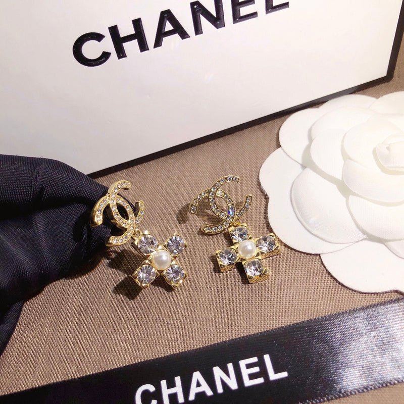 Chanel Crystal Cross Pearl Drop Earrings - Image 7