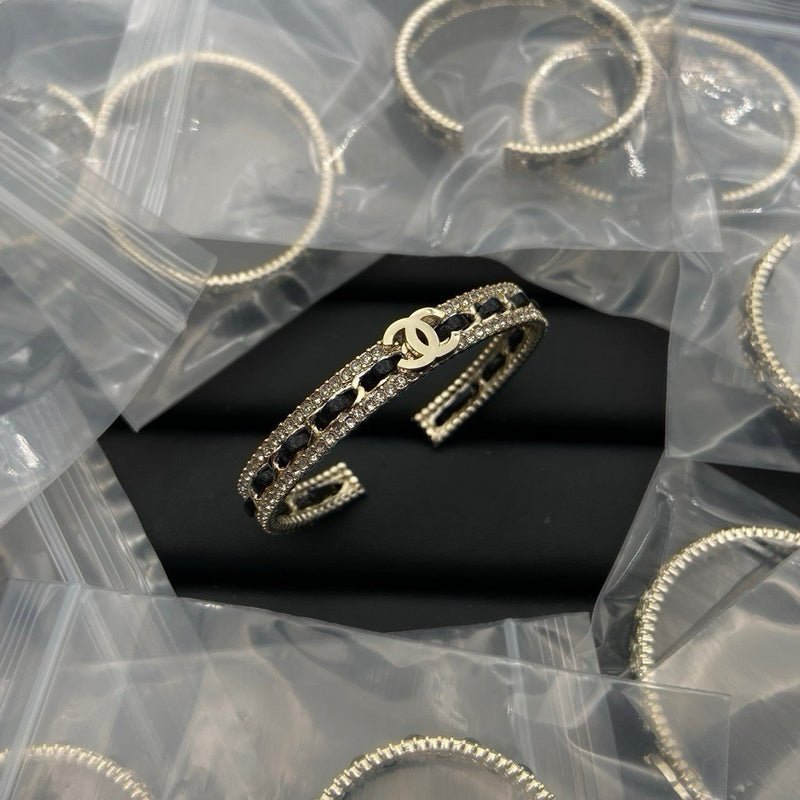 CHANEL Hollow Chain Inlay Crystal CC Open Bangle