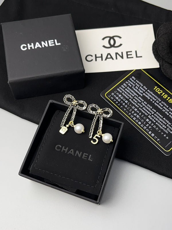 Alternative view of Chanel Braided Bow Number 5 Pearl Drop Earrings