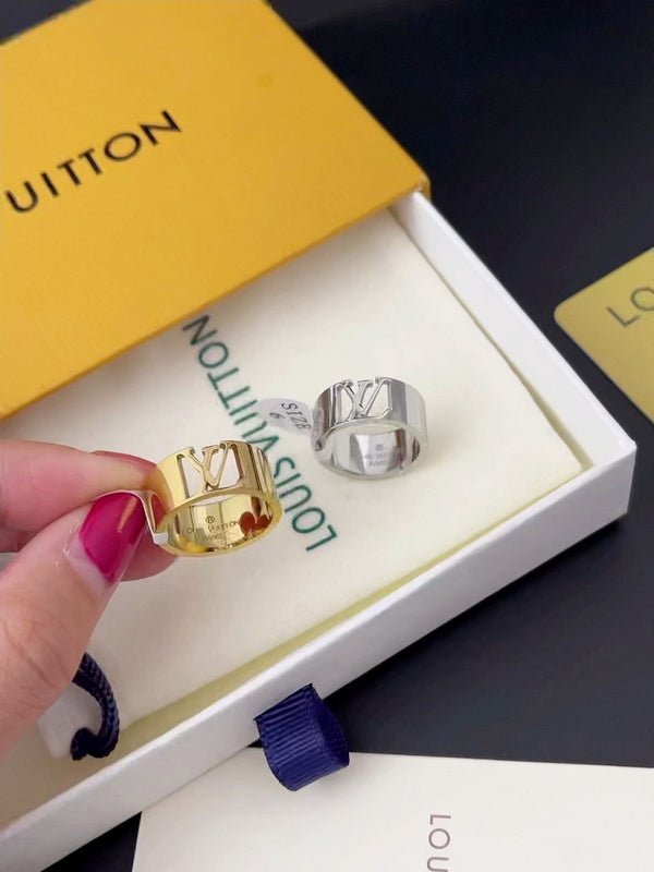 LV Mirror Polished Dual-Tone Hollow Logo Band Ring - Image 7