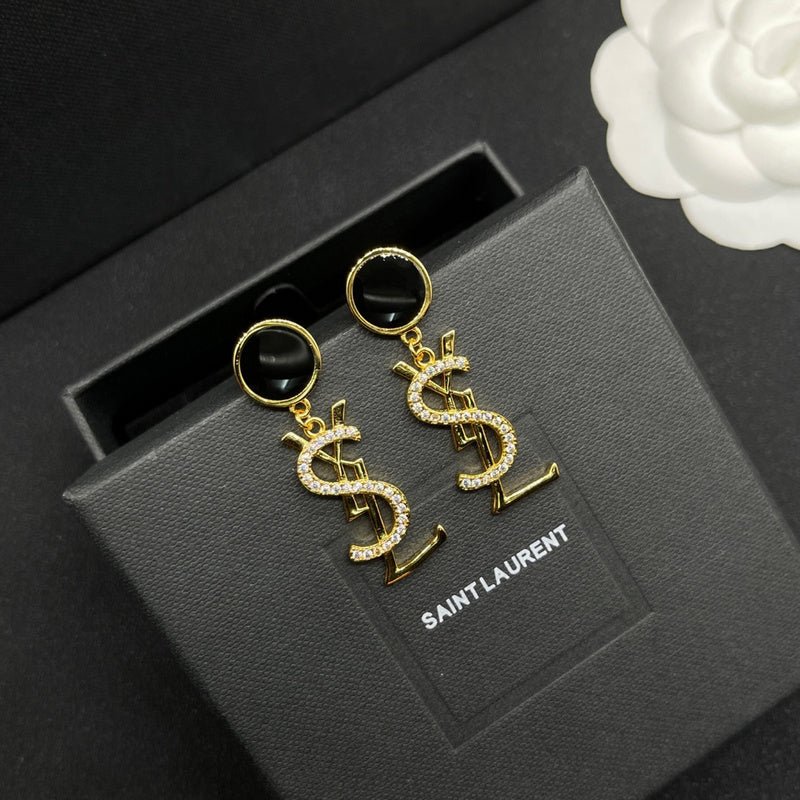 YSL Onyx Crystal Logo Earrings - Image 6