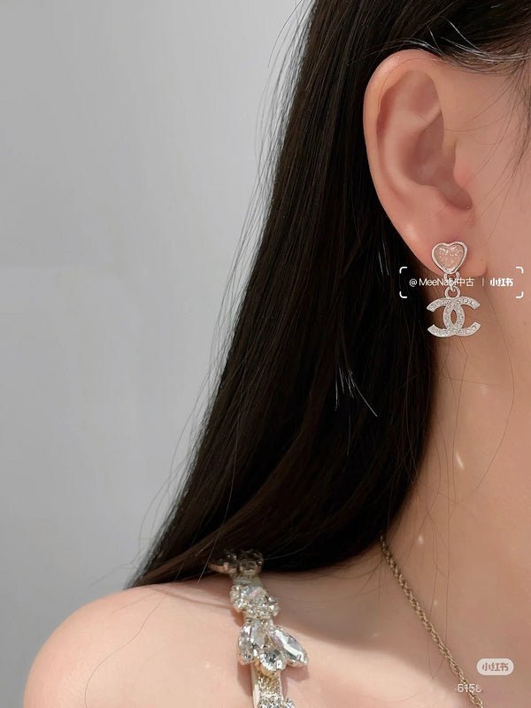 Chanel Gradient Heart Rhinestone Double C Earrings - Image 6