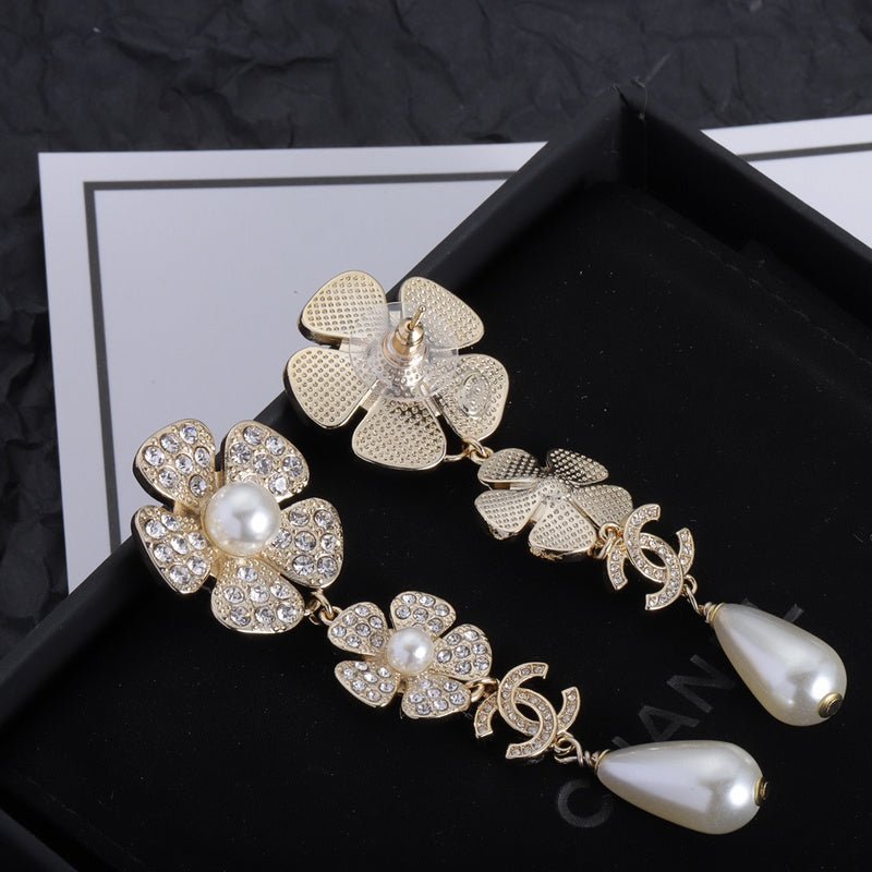 Chanel Floral Pearl Teardrop Pearl Drop Earrings