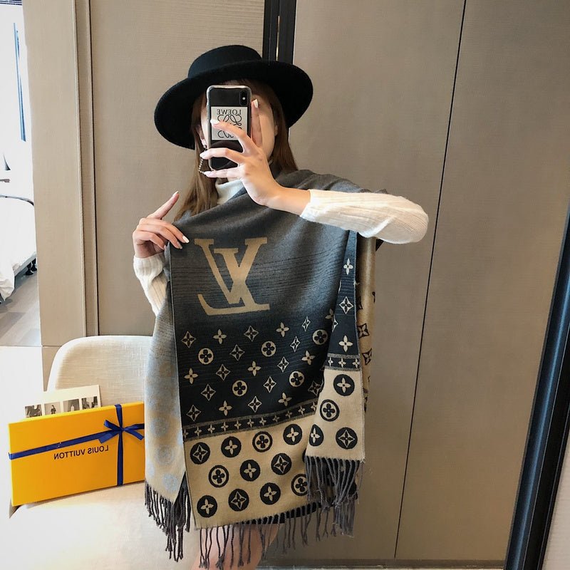 LV Black Gradient Monogram Fringed Shawl