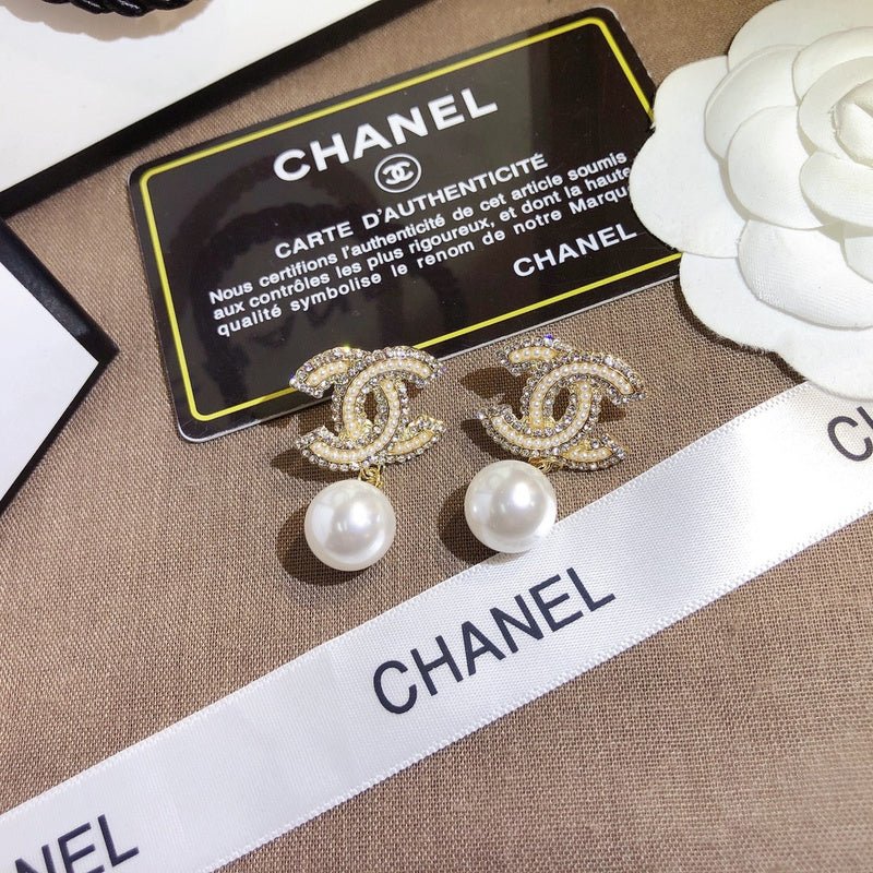 Alternative view of CHANEL Crystal CC Asymmetric Pearl Drop Stud Earrings