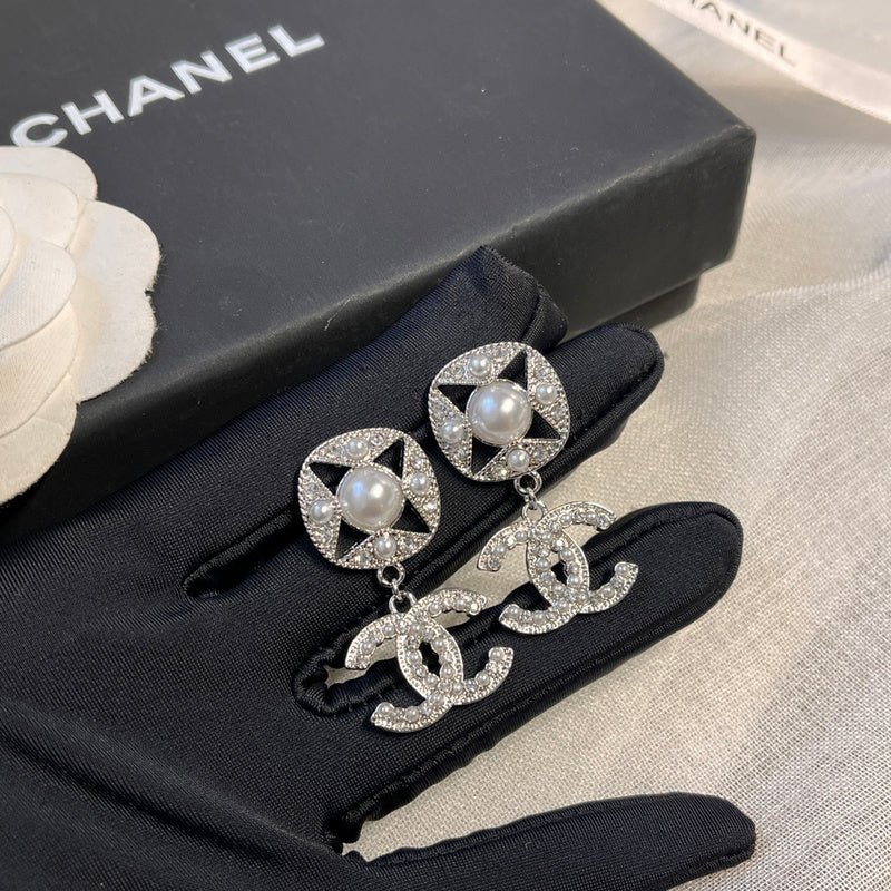 CHANEL Star Crystal Pearl Square CC Drop Earrings