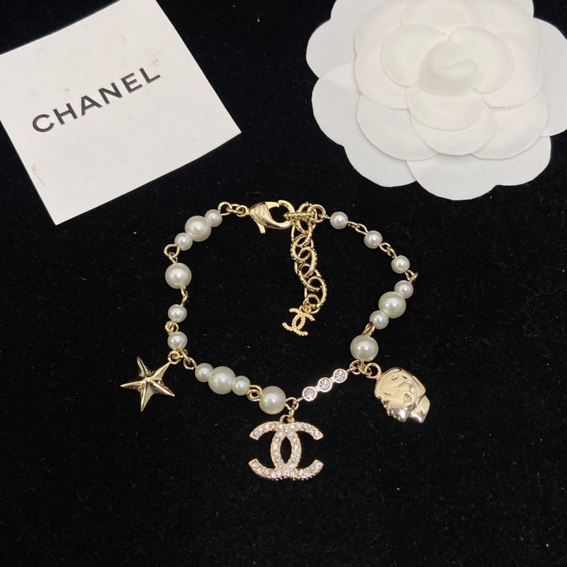 Chanel Gold Multi-Charm Pearl Crystal Bracelet