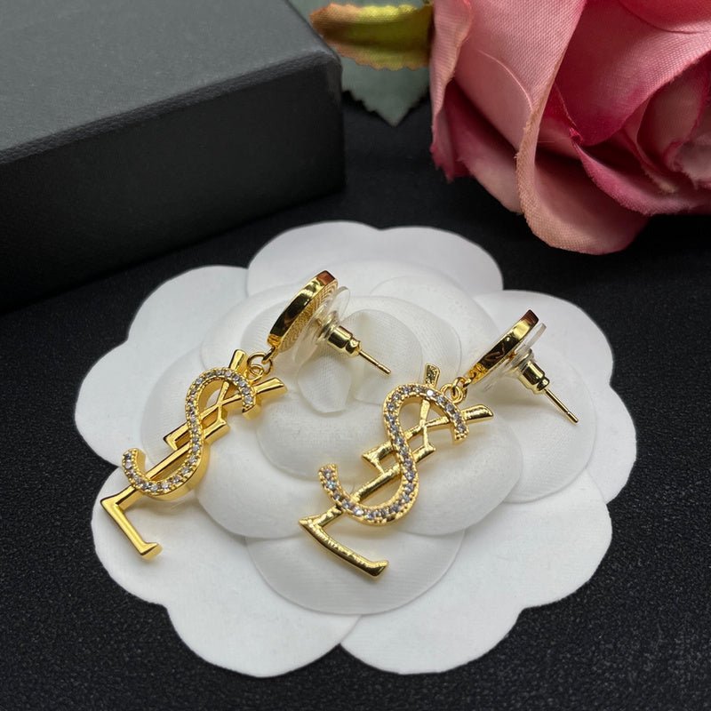 YSL Onyx Crystal Logo Earrings - Image 4