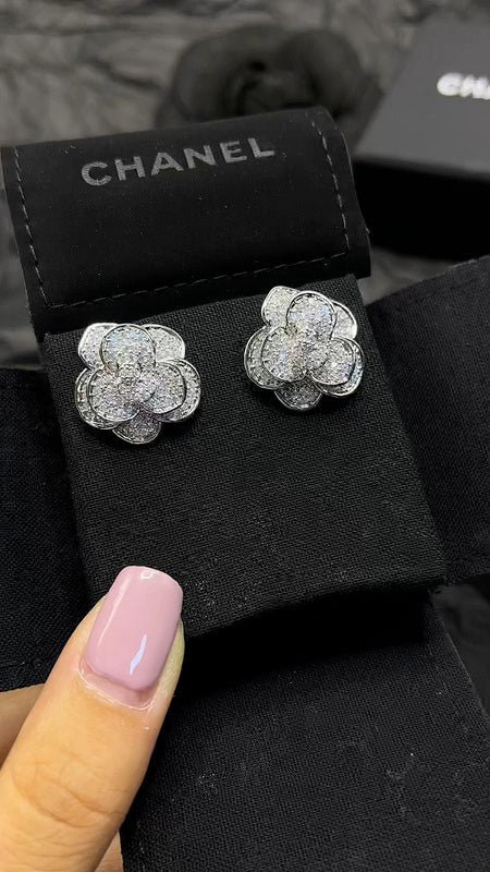 Chanel Full Rhinestone Camellia Flower Stud - Image 7
