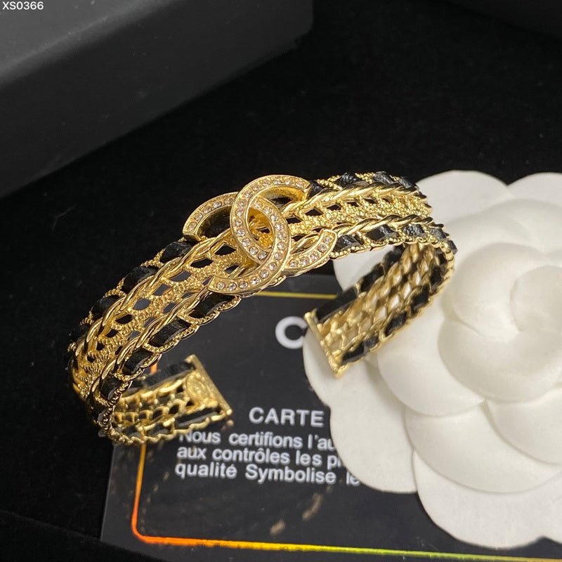 CHANEL Leather Weave Crystal CC Open Cuff Bangle