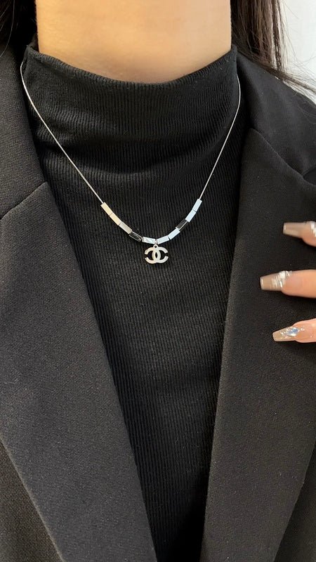 Chanel Silver Enamel Bar Double C Snake Necklace - Image 8