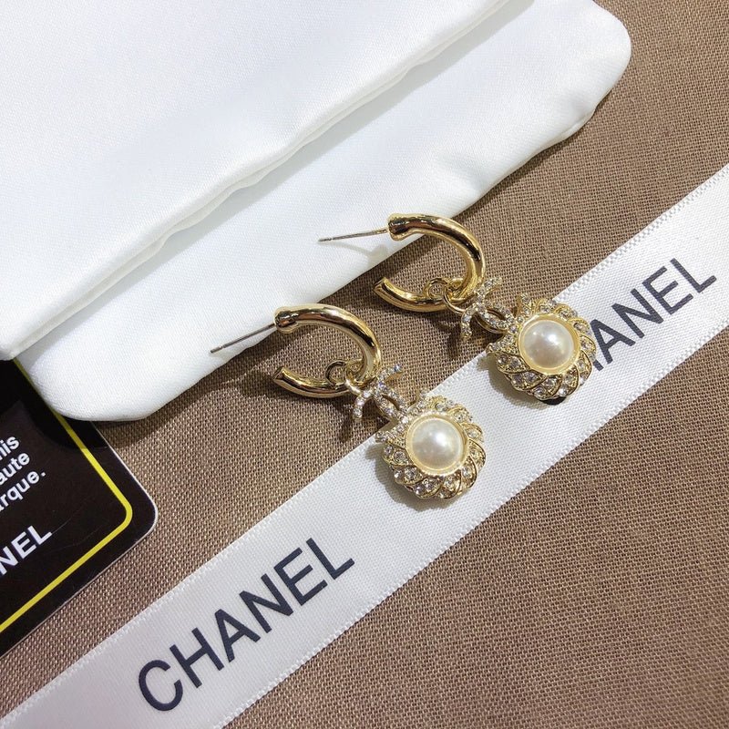 Chanel Hoop Pearl Rhinestone Frame Drop Earrings