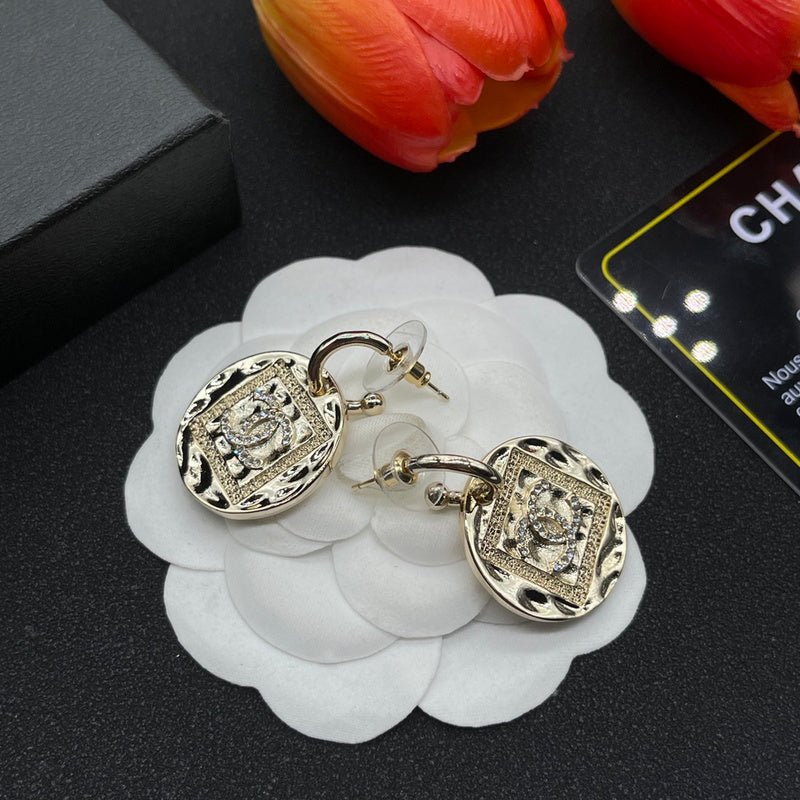 Chanel Hammered Metal Square Logo Hoop Earrings