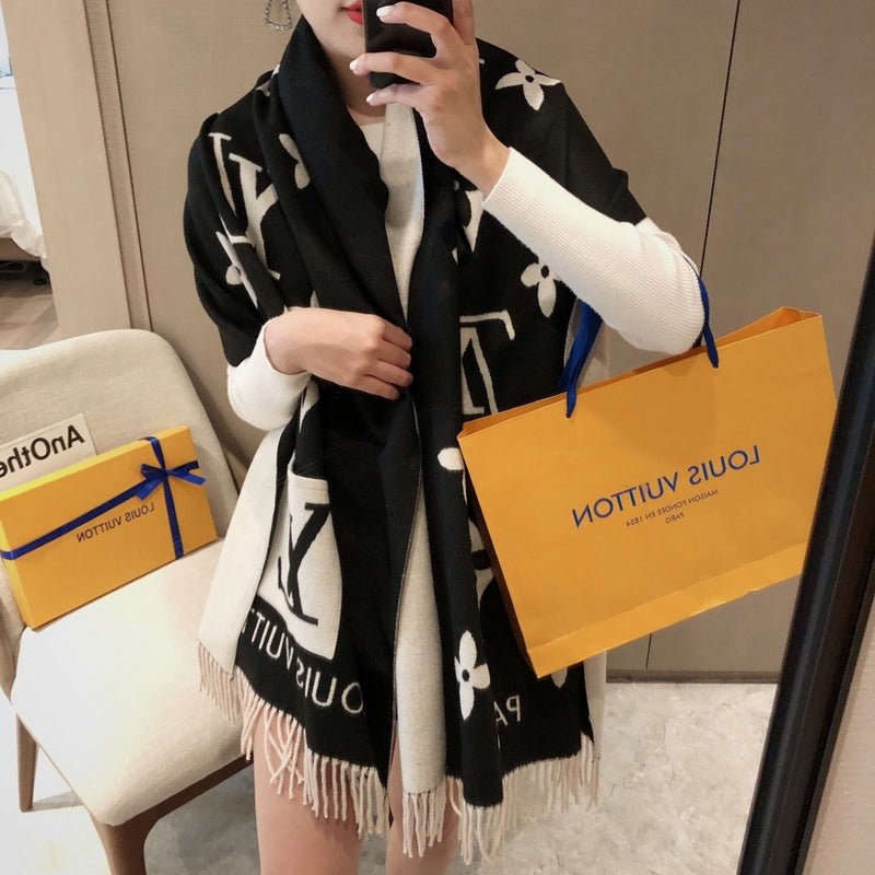 LV Black White Reversible Giant Monogram Shawl