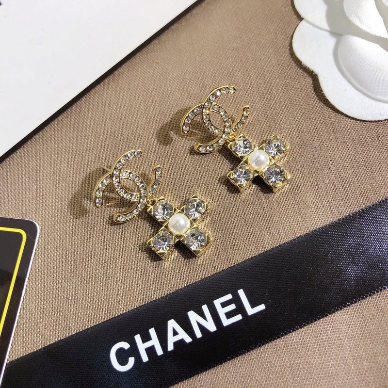 Chanel Crystal Cross Pearl Drop Earrings - Image 5