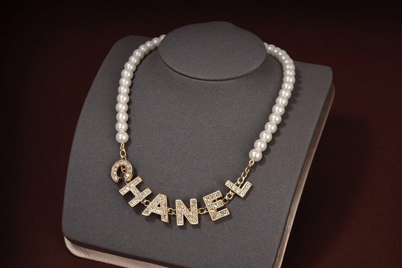 Chanel Gold Pearl Crystal Letter Logo Choker Necklace