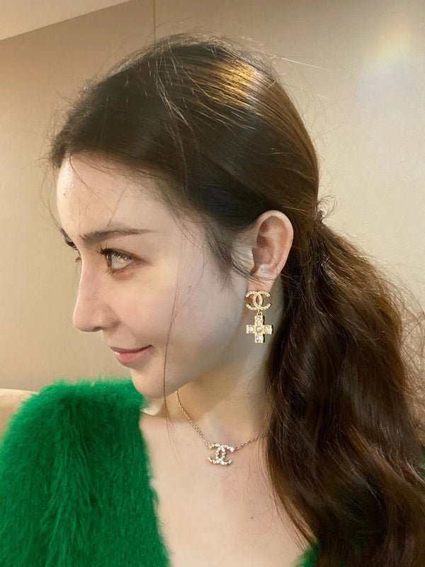 Chanel Crystal Cross Pearl Drop Earrings - Image 8