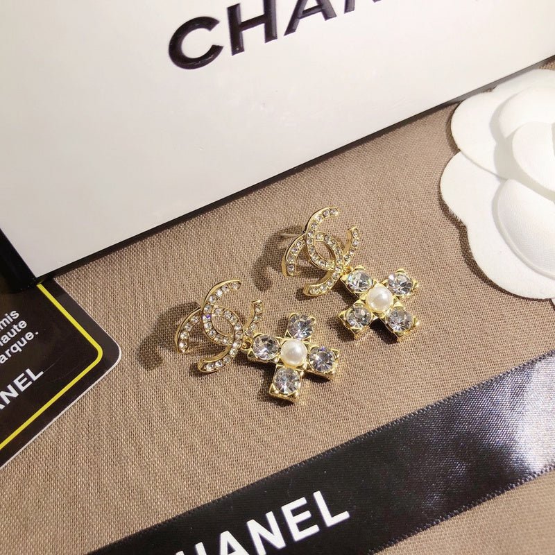 Chanel Crystal Cross Pearl Drop Earrings - Image 4
