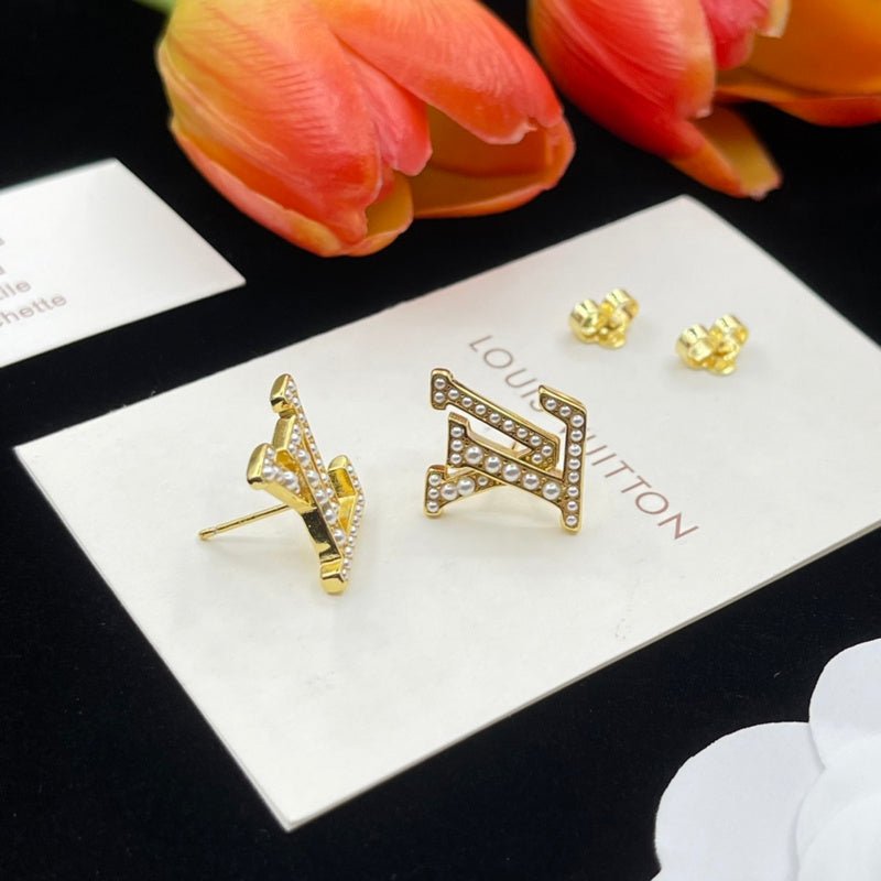 LV Solid Full Pave Crystal Logo Gold Stud Earrings - Image 4